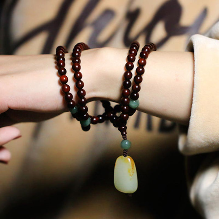 Buddha Stones Tibetan Small Leaf Red Sandalwood Jade Mala Meditation Bracelet - image 5