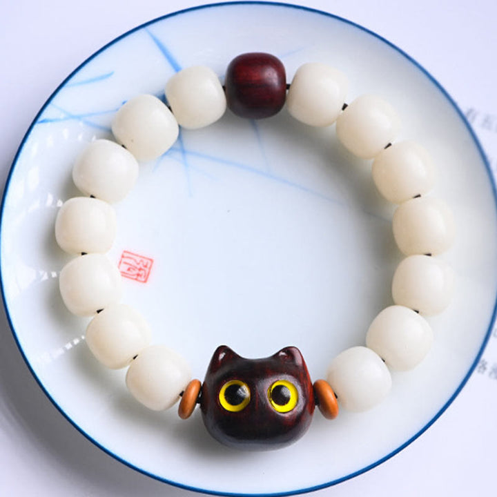 Buddha Stones Natural Bodhi Seed Small Leaf Red Sandalwood Ebony Wood Cute Lucky Cat Wisdom Bracelet - image 2