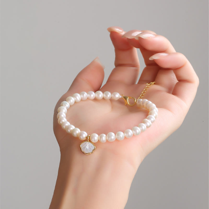 Buddha Stones 14K Gold Plated Natural Pearl Crystal Shell Charm Bead Bracelet - image 3