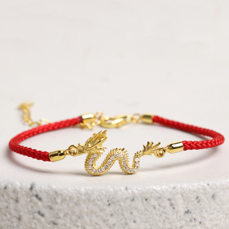Buddha Stones 925 Sterling Silver Year Of The Dragon Auspicious Golden Dragon Luck Red Rope Chain Bracelet - image 1