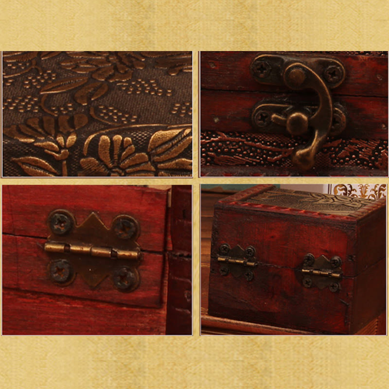 Buddha Stones Retro Small Square Wood Jewelry Box Lotus Grass Flower Grape Copper Coin Daffodil Jewelry Storage Box - image 26