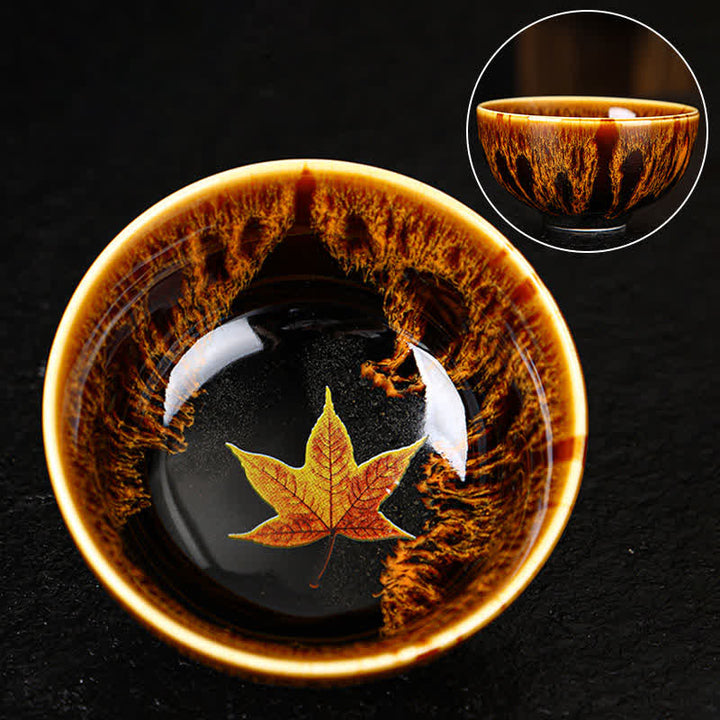 Buddha Stones Maple Leaf Colorful Ceramic Teacup Home Tea Cups - 8.5cm*4.5cm*120ml - Yellow - image 27