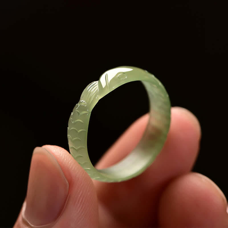 Buddha Stones Hetian White Jade Cyan Jade Koi Fish Success Luck Ring - image 2