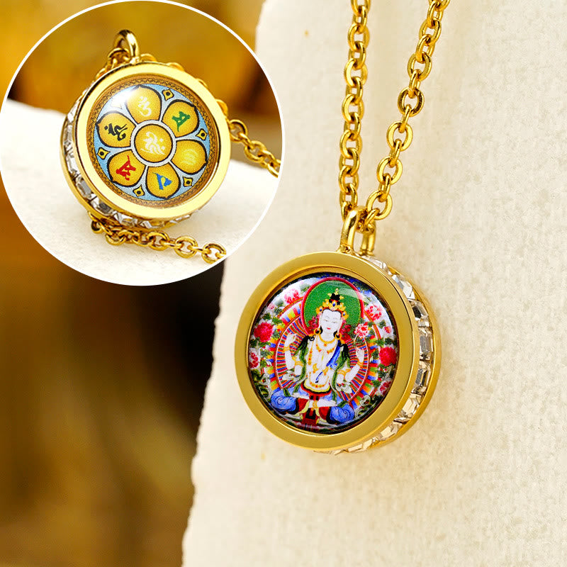 Buddha Stones Tibetan Yellow God Of Wealth Green Tara Buddha Serenity Titanium Steel Necklace Pendant - Front Four-Armed Avalokitesvara Back Om Mani Padme Hum - image 15
