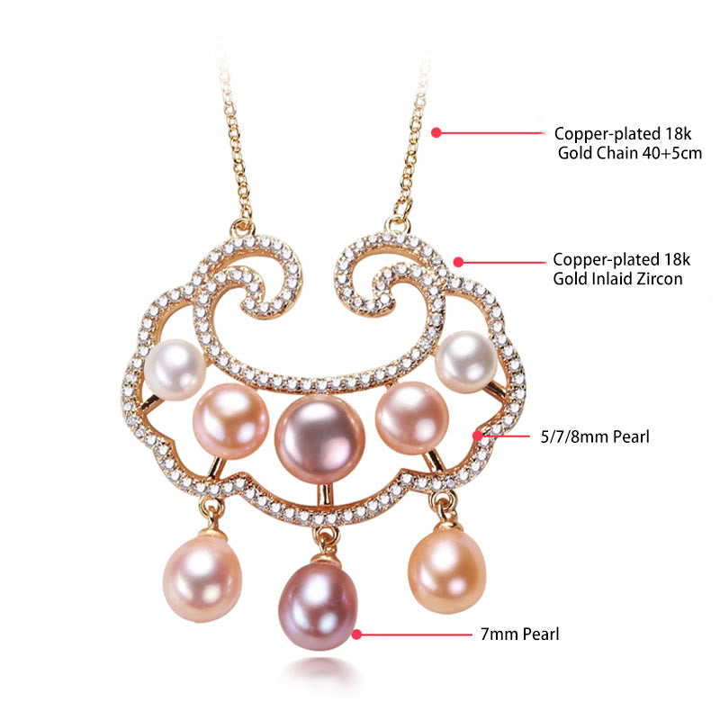 Buddha Stones 18K Gold Plated Natural Pearl Chinese Lock Charm Sincerity Necklace Pendant - image 4
