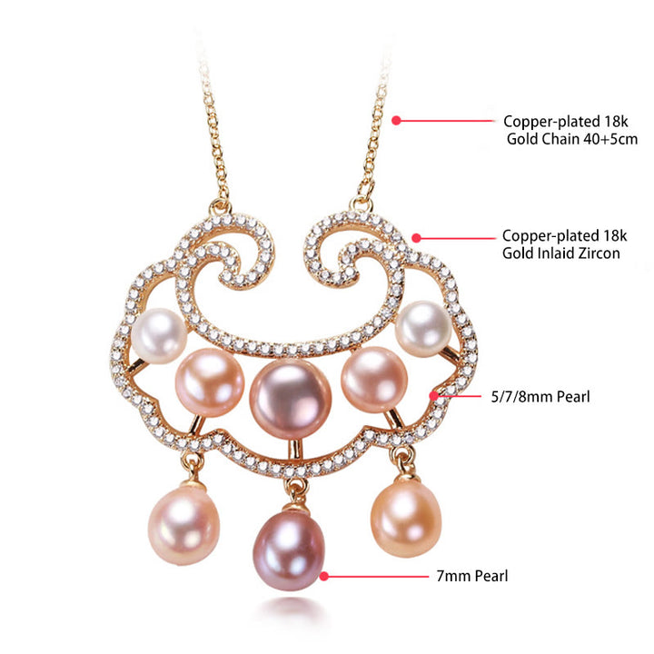 Buddha Stones 18K Gold Plated Natural Pearl Chinese Lock Charm Sincerity Necklace Pendant - image 4