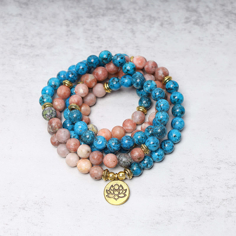 Buddha Stones 108 Mala Beads Apatite Red Stone Lotus Meditation Prayer Bead Bracelet - image 0