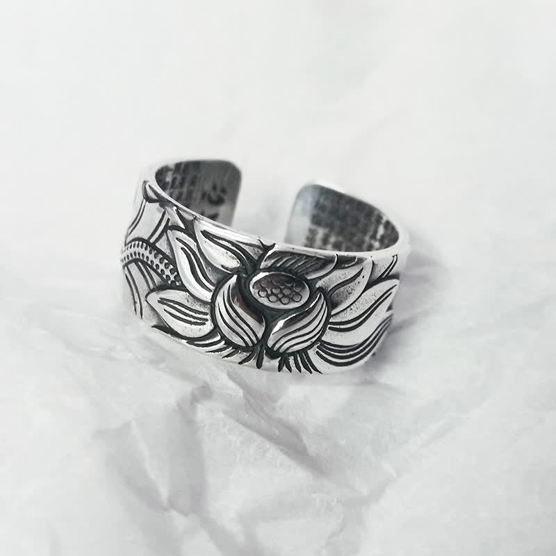 Buddha Stones 999 Sterling Silver Lotus Symbol Heart Sutra Protection Ring - 999 Sterling Silver - image 0