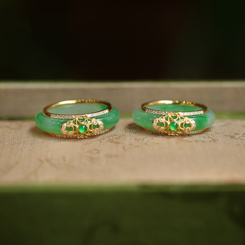 Buddha Stones 18K Gold Plated Natural Green Chalcedony Strength Ring - image 1