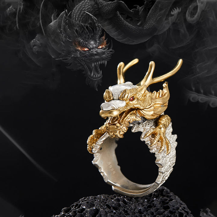 Buddha Stones 925 Sterling Silver Dragon Luck Success Protection Adjustable Ring Pendant - image 1