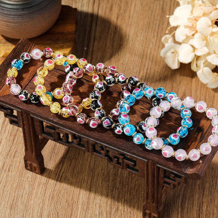 Buddha Stones Gold Swallowing Beast Family Pink Love Heart Luminous Fluorescent Liuli Glass Bead Bracelet - image 2