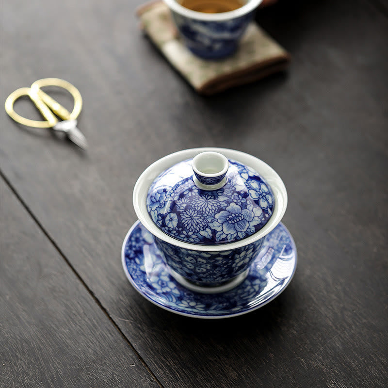 Buddha Stones Vintage Blue And White Porcelain Ceramic Gaiwan Sancai Teacup Kung Fu Tea Cup And Saucer With Lid - image 1