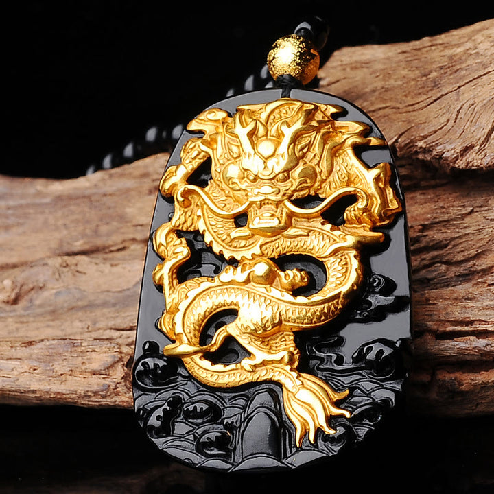 Buddha Stones 18k Gold-plated Dragon Obsidian Lucky Pendant Necklace - Obsidian - image 2