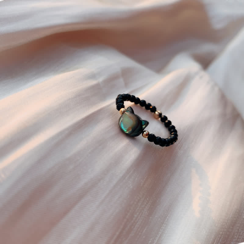 Buddha Stones Natural Tridacna Stone Lovely Cat 14K Gold Blessing Ring - Black - image 0