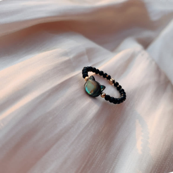 Buddha Stones Natural Tridacna Stone Lovely Cat 14K Gold Blessing Ring - Black - image 0