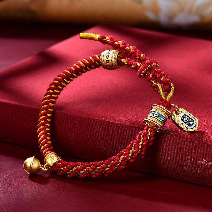 Buddha Stones Tibetan Om Mani Padme Hum Carved Zakiram Goddess of Wealth Charm Amulet Bracelet - Red Gold(Wrist Circumference 14-20cm) - image 4