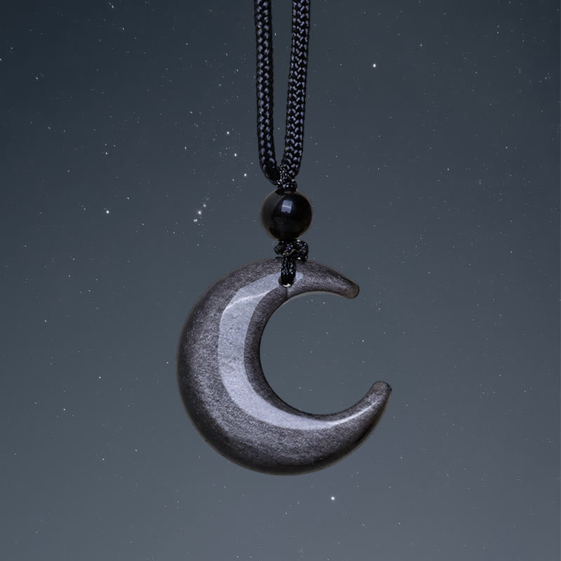 Buddha Stones Natural Silver Sheen Obsidian Selenite Crystal Crescent Moon Yin Yang Couple Protection Necklace Pendant - Silver Sheen Obsidian - image 1