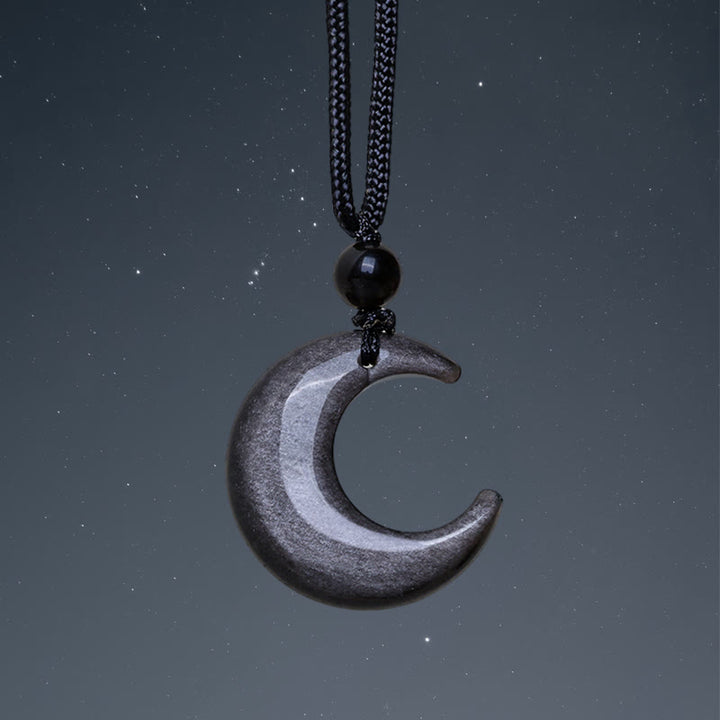 Buddha Stones Natural Silver Sheen Obsidian Selenite Crystal Crescent Moon Yin Yang Couple Protection Necklace Pendant - Silver Sheen Obsidian - image 1