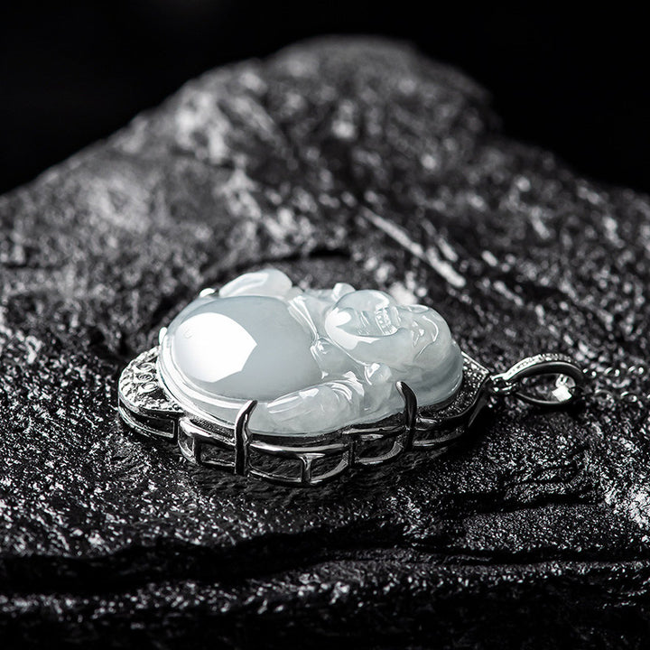Buddha Stones 925 Sterling Silver Laughing Buddha Natural Jade Abundance Necklace Pendant - image 5