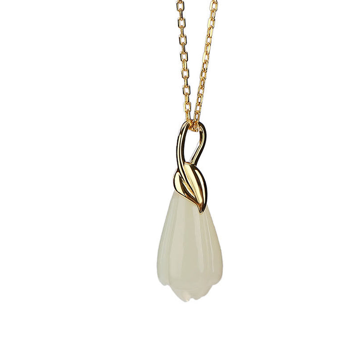 Buddha Stones 925 Sterling Silver Plated Gold Natural Hetian Jade Magnolia Flower Abundance Necklace Pendant - image 7