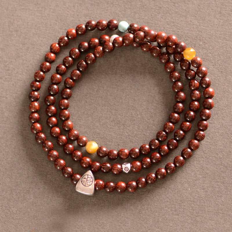 Buddha Stones 925 Sterling Silver Indian Small Leaf Red Sandalwood Fu Character Protection Triple Wrap Bracelet - 18-19 cm - image 0