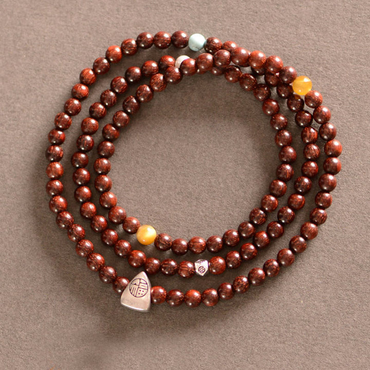 Buddha Stones 925 Sterling Silver Indian Small Leaf Red Sandalwood Fu Character Protection Triple Wrap Bracelet - 18-19 cm - image 0