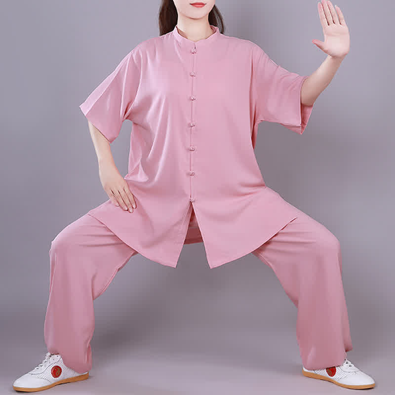 Buddha Stones Tai Chi Qigong Meditation Prayer Spiritual Zen Practice Unisex Cotton Linen Clothing Set - Pink - Short Sleeve - US14，UK/AU18，EU46 (3XL)  - image 9
