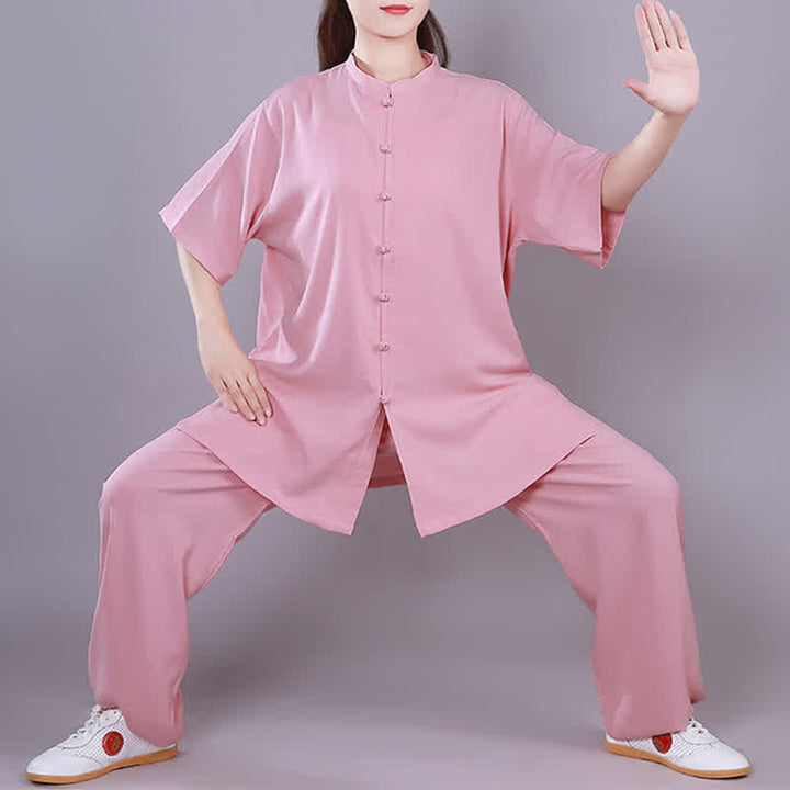 Buddha Stones Tai Chi Qigong Meditation Prayer Spiritual Zen Practice Unisex Cotton Linen Clothing Set - Pink - Short Sleeve - US14，UK/AU18，EU46 (3XL)  - image 9