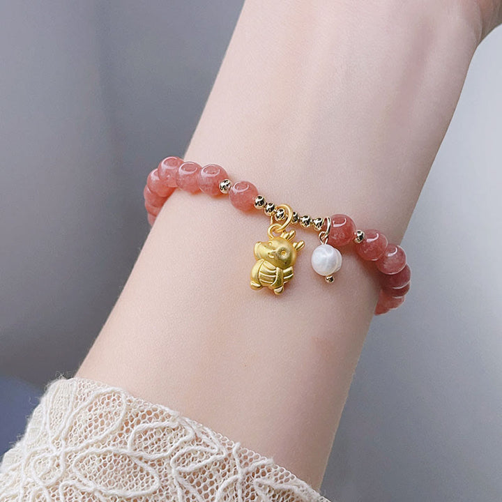 Buddha Stones Year of the Dragon Strawberry Quartz Dragon Pearl Charm Protection Bracelet - image 5