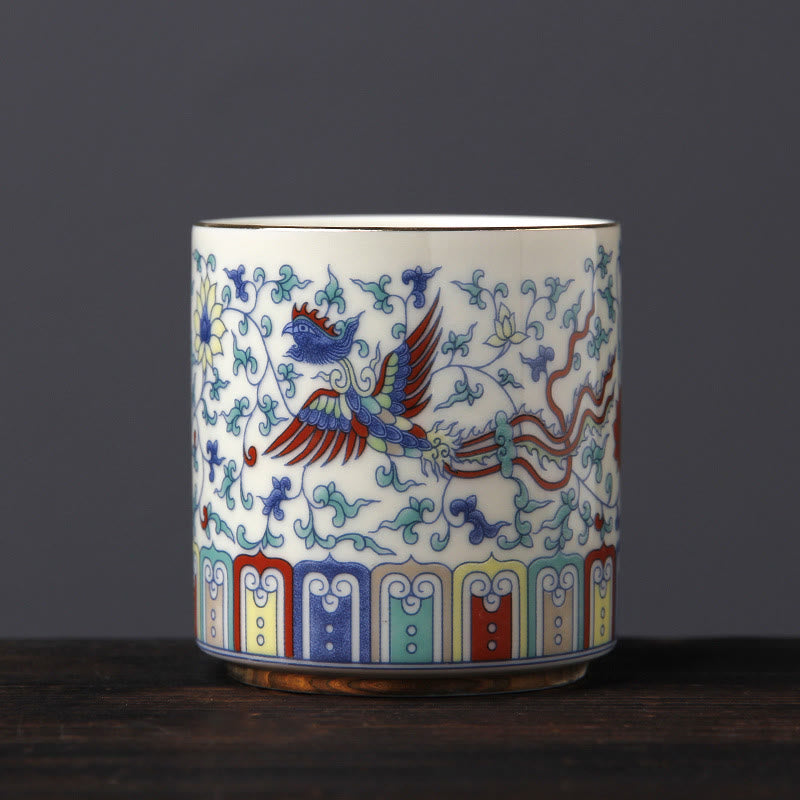 Buddha Stones Vintage Plum Blossom Pine Bamboo Phoenix Kirin Lion Dancing Ceramic Teacup Tea Cups - Phoenix(6.1cm*6.5cm*130ml) - image 4