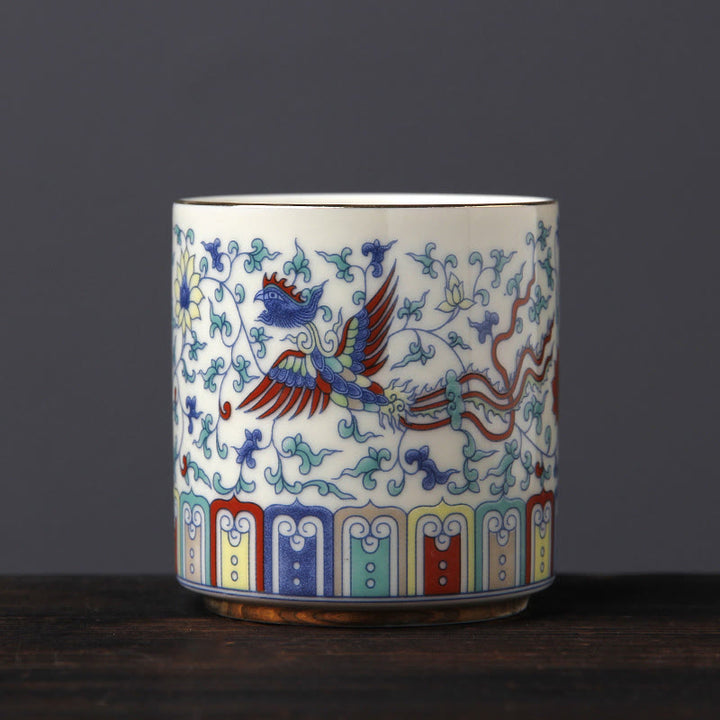 Buddha Stones Vintage Plum Blossom Pine Bamboo Phoenix Kirin Lion Dancing Ceramic Teacup Tea Cups - Phoenix(6.1cm*6.5cm*130ml) - image 4