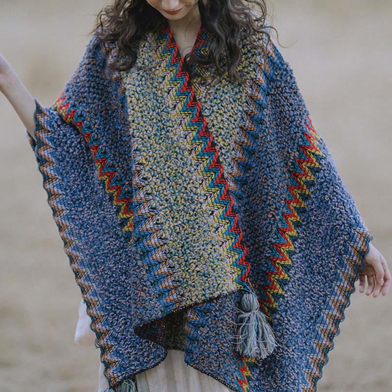 Buddha Stones Tibetan Shawl Soft Warm Knitting Cloak Winter Tibetan Tassel Scarf - image 8
