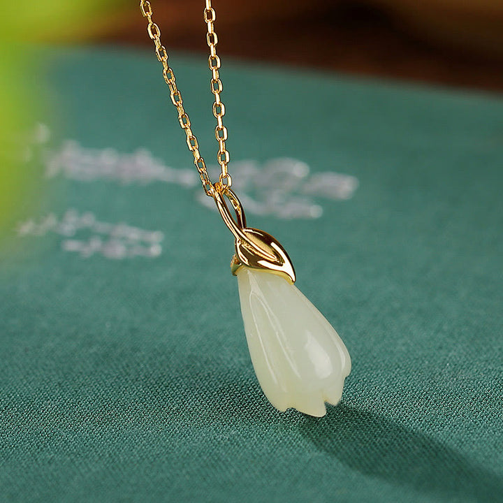 Buddha Stones 925 Sterling Silver Plated Gold Natural Hetian Jade Magnolia Flower Abundance Necklace Pendant - image 2