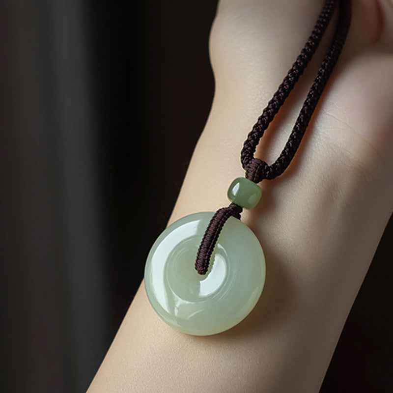 Buddha Stones Natural Round Jade Peace Buckle Luck Prosperity Necklace Pendant - image 1