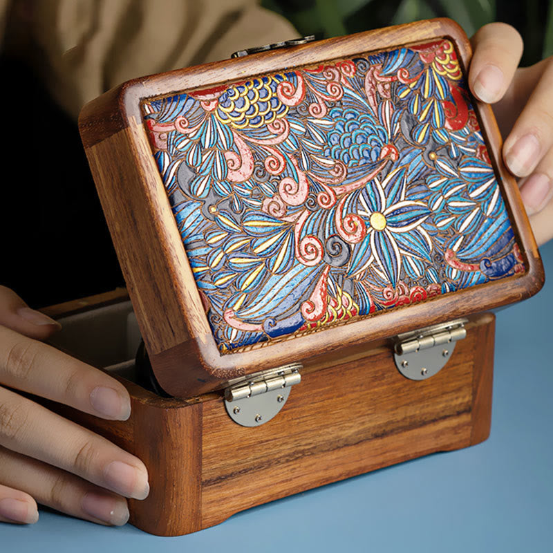 Retro Handmade Floral Pattern Rosewood Jewelry Storage Box Lockable Wooden Gift Organizer Box - Rosewood 15.8*7.8*10.7cm - image 0
