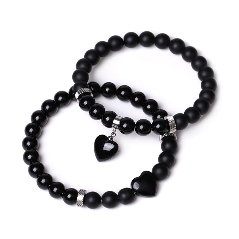 Buddha Stones 2Pcs Black Onyx Crystal Stone Love Heart Protection Support Couple Bracelet - Black Onyx&Black Obsidian - image 3