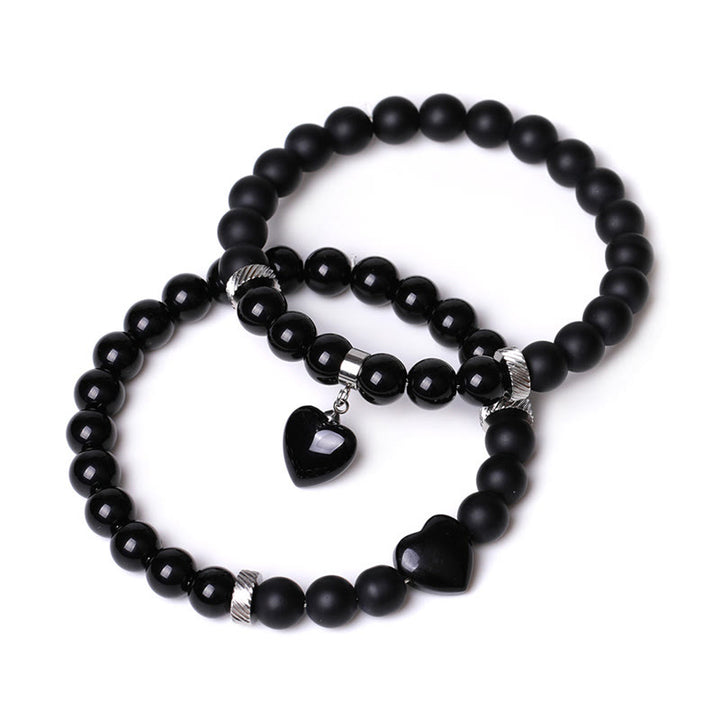 Buddha Stones 2Pcs Black Onyx Crystal Stone Love Heart Protection Support Couple Bracelet - Black Onyx&Black Obsidian - image 3