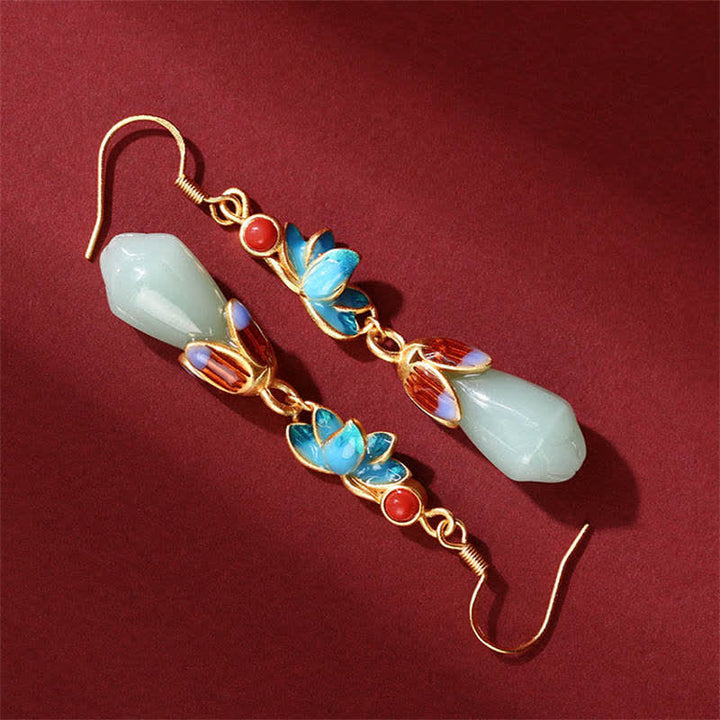 Magnolia Flower Jade Pattern Luck Prosperity Drop Dangle Earrings - image 2