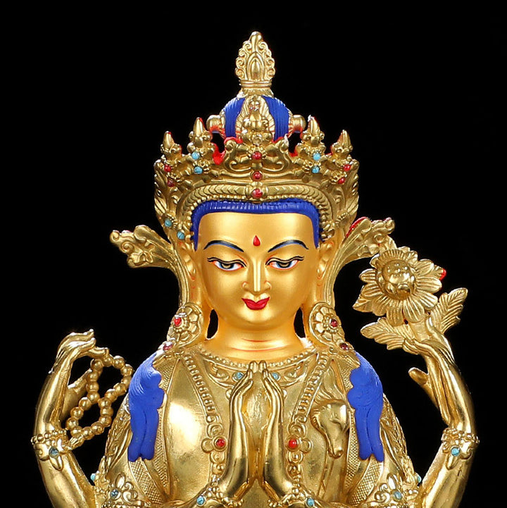 Chenrezig Four-armed Avalokitesvara Protection Copper Gold Plated Statue Decoration - image 8