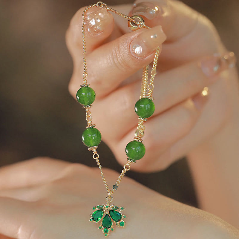 Buddha Stones 14k Gold Plated Green Chalcedony Maple Leaf Courage Strength Bracelet - image 1