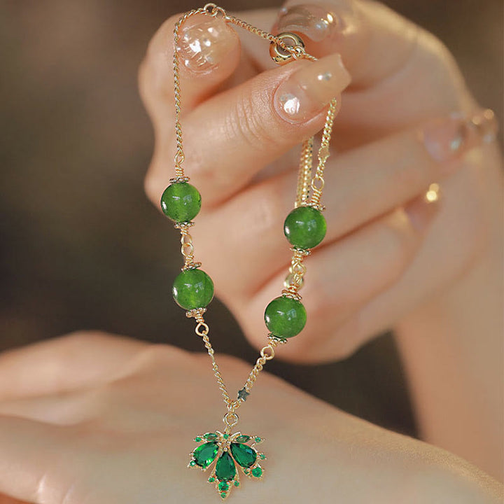 Buddha Stones 14k Gold Plated Green Chalcedony Maple Leaf Courage Strength Bracelet - image 1