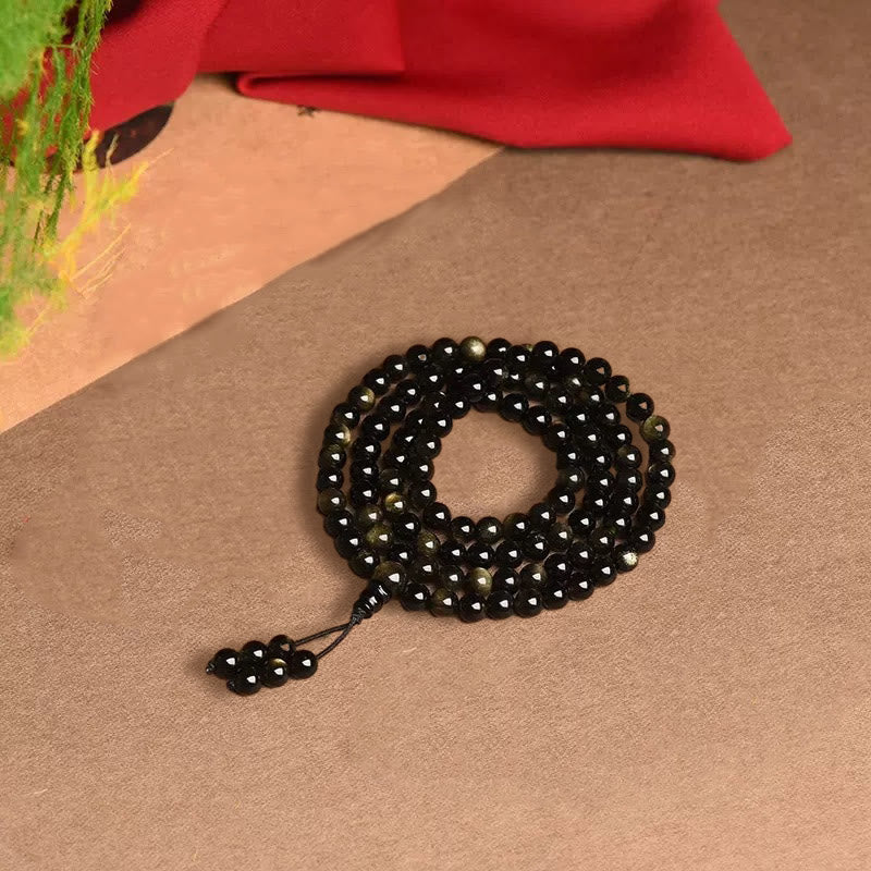 Buddha Stones 108 Mala Beads Natural Gold Sheen Obsidian Wealth Bracelet - image 8
