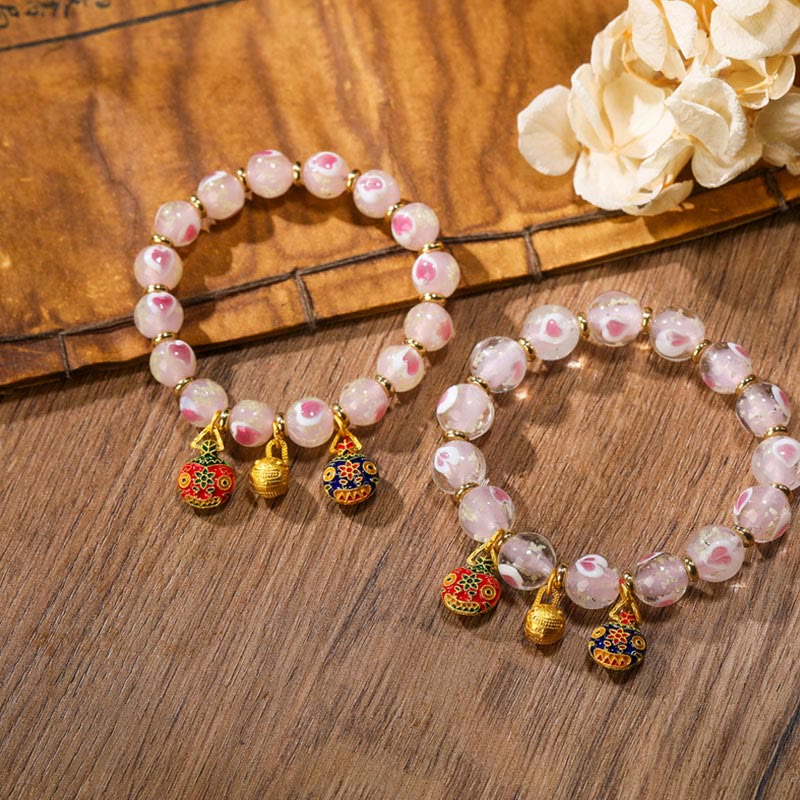 Buddha Stones Gold Swallowing Beast Family Charm Luminous Pink Love Heart Fluorescent Liuli Glass Bead Blessings Bracelet - image 2
