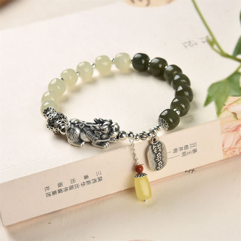 Buddha Stones 925 Sterling Silver Natural Hetian Jade Amber PiXiu Luck Bracelet - Hetian Jade (Prosperity ♥ Abundance) - image 0