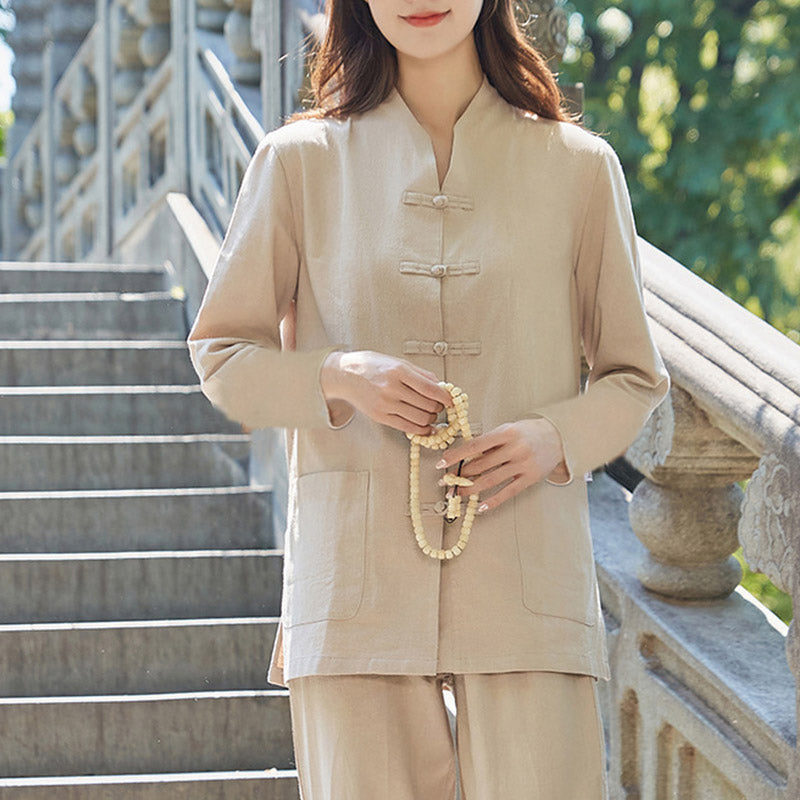 Buddha Stones Spiritual Zen Practice Yoga Meditation Prayer Uniform Cotton Linen Clothing Women's Set - Khaki - US18，UK/AU22，EU50 (6XL) - image 12