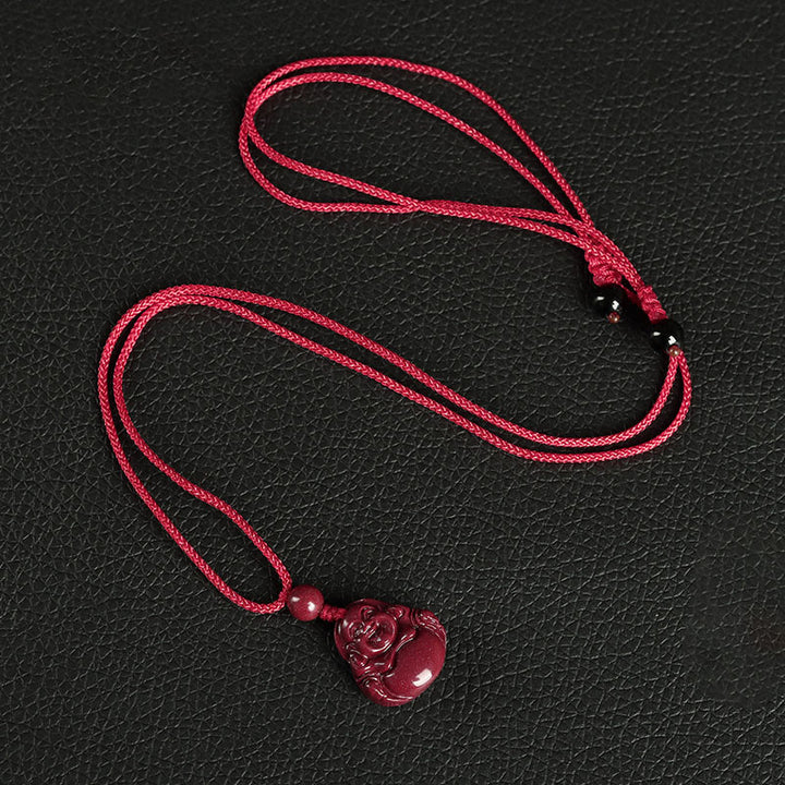 Buddha Stones Laughing Buddha Cinnabar Blessing Necklace Pendant Phone Hanging Decoration Key Chain - Necklace - Red - image 2