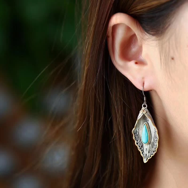 Buddha Stones 925 Sterling Silver Turquoise Bodhi Leaf Pattern Protection Drop Dangle Earrings - image 1