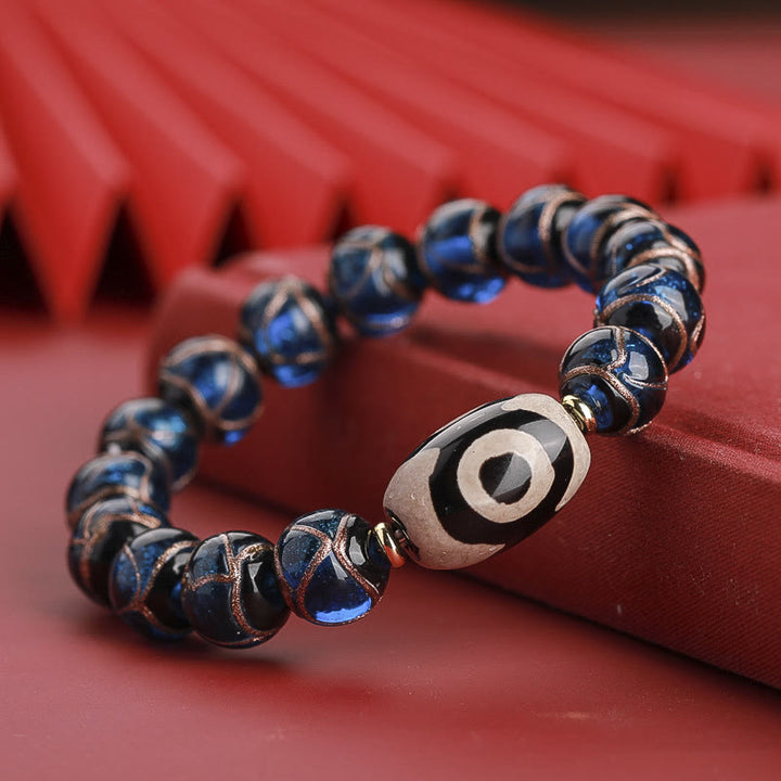 Buddha Stones Tibetan Nine-Eye Dzi Bead Three-eyed Dzi Bead Liuli Glass Bead Wealth Bracelet - Three-eyed Dzi Bead - Blue Liuli Glass Bead - 14mm - image 19