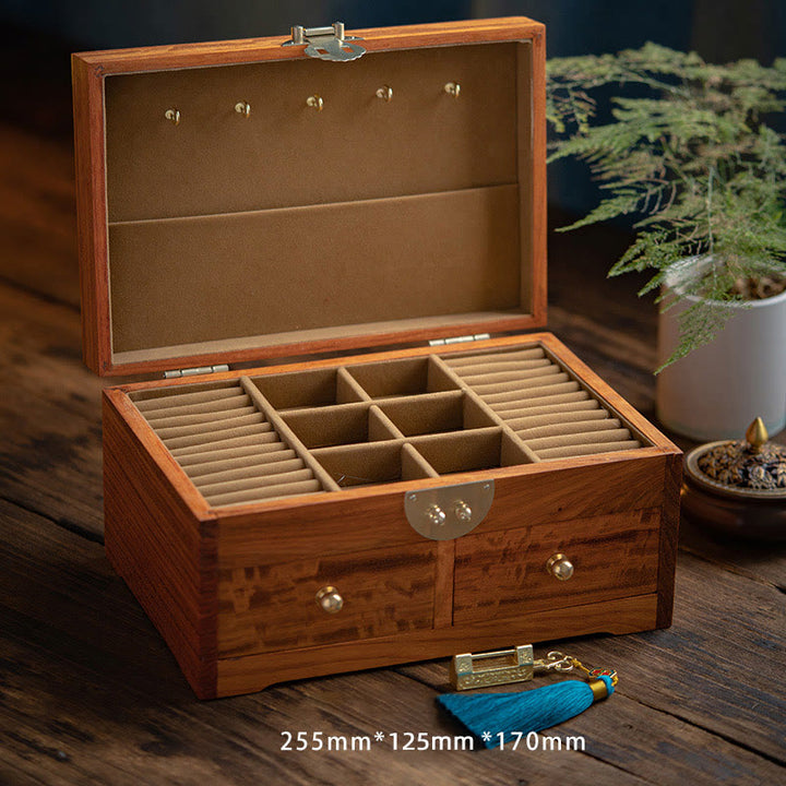Antique Handmade Rosewood Jewelry Storage Box Lockable Large Double Layer Flower Wooden Gift Organizer Box - image 2