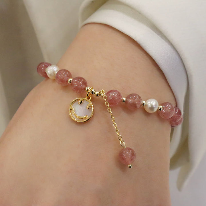 Buddha Stones Strawberry Quartz Pearl Elk Smiley Face Fishtail Fu Character Charm Healing Bracelet - image 6